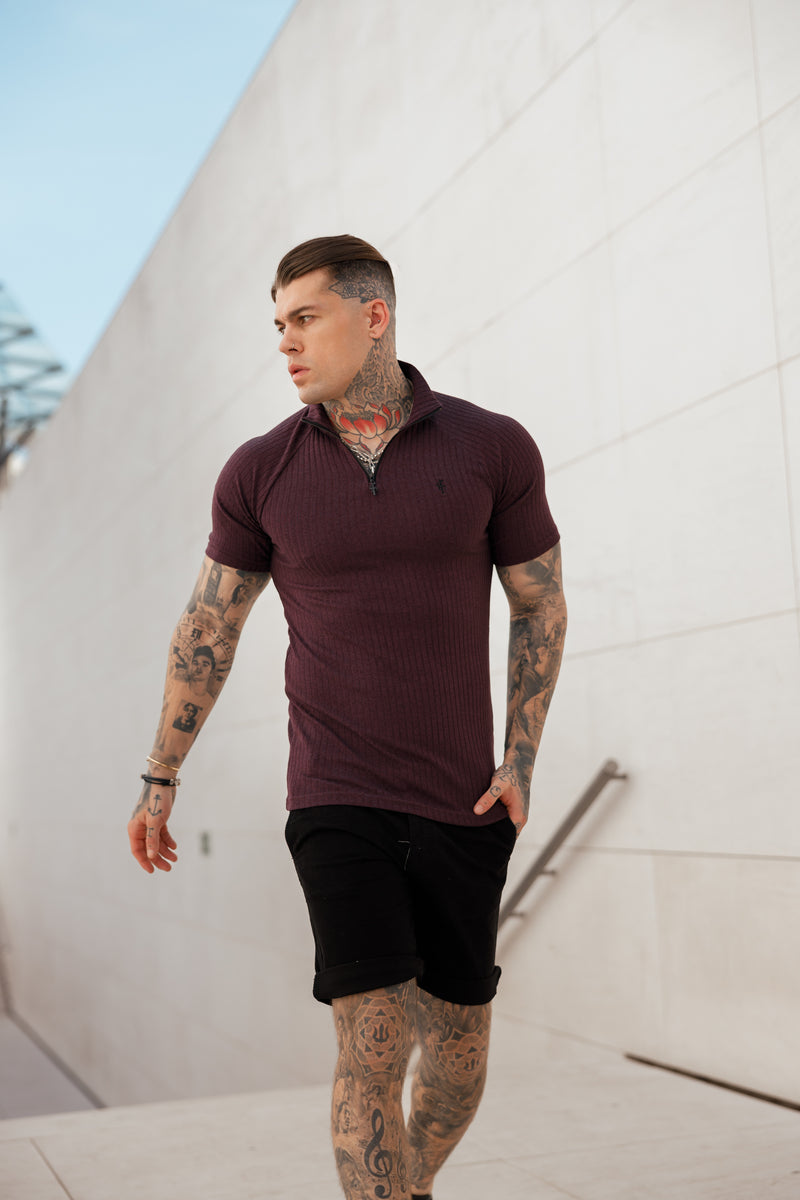 Father Sons Classic Plum Ribbed Zip Funnel Neck Raglan Short Sleeve Crew - FSH732