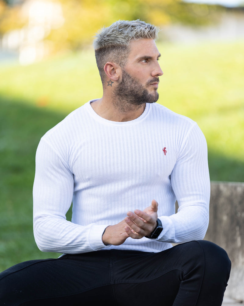 Father Sons Classic White / Red Ribbed Knit Super Slim Crew - FSH771