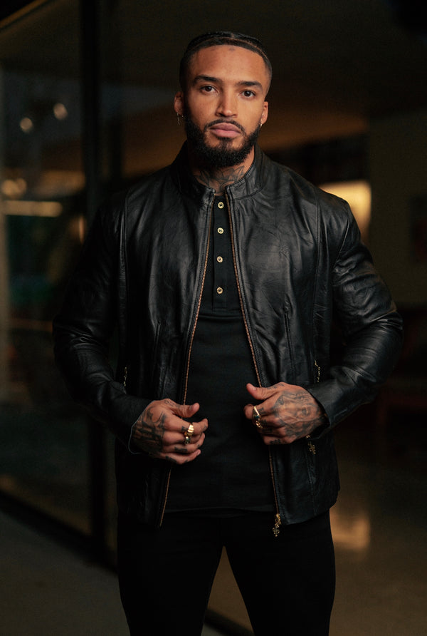 Schwarze Lammlederjacke von Father Sons mit goldenen Reißverschlüssen – FSH610