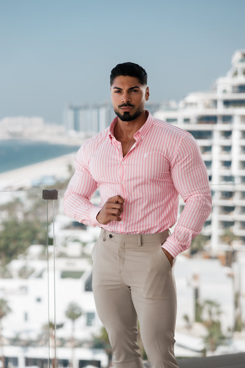 Father Sons Super Slim Stretch Weiß/Rosa Streifendruck Langarm mit Button-Down-Kragen – FS888