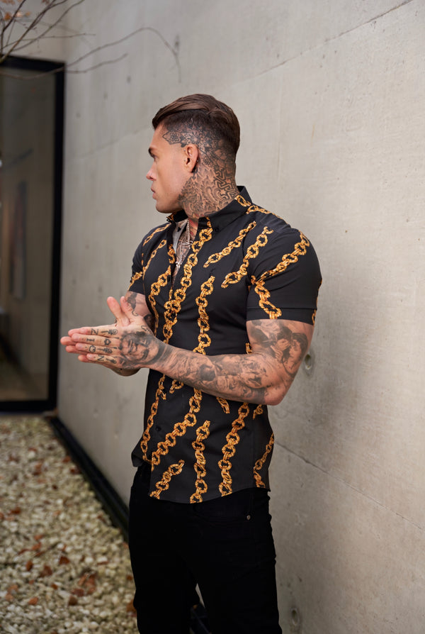 Father Sons Super Slim Stretch Black / Gold Chain Print Short Sleeve with Button Down Collar - FS857