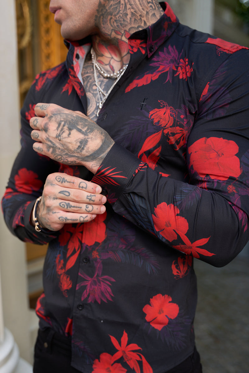 Father Sons Super Slim Stretch Langarmshirt mit Blumenmuster in Schwarz und Rot und Button-Down-Kragen – FS770