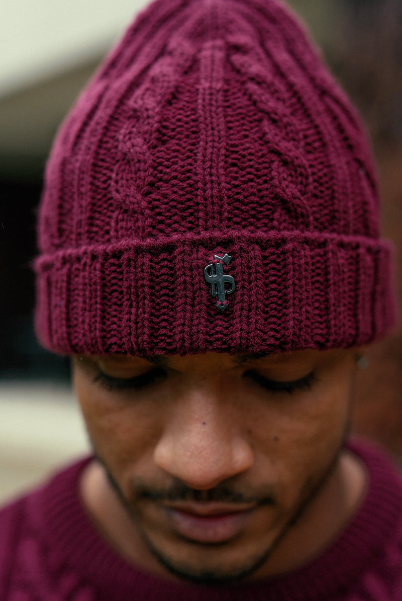 Father Sons Burgundy Beanie Hat With Metal Emblem - FSJ048