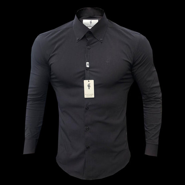 Klassisches schwarzes Stretch-Hemd von Father Sons mit Button-Down-Kragen und schwarzer Stickerei – FS563
