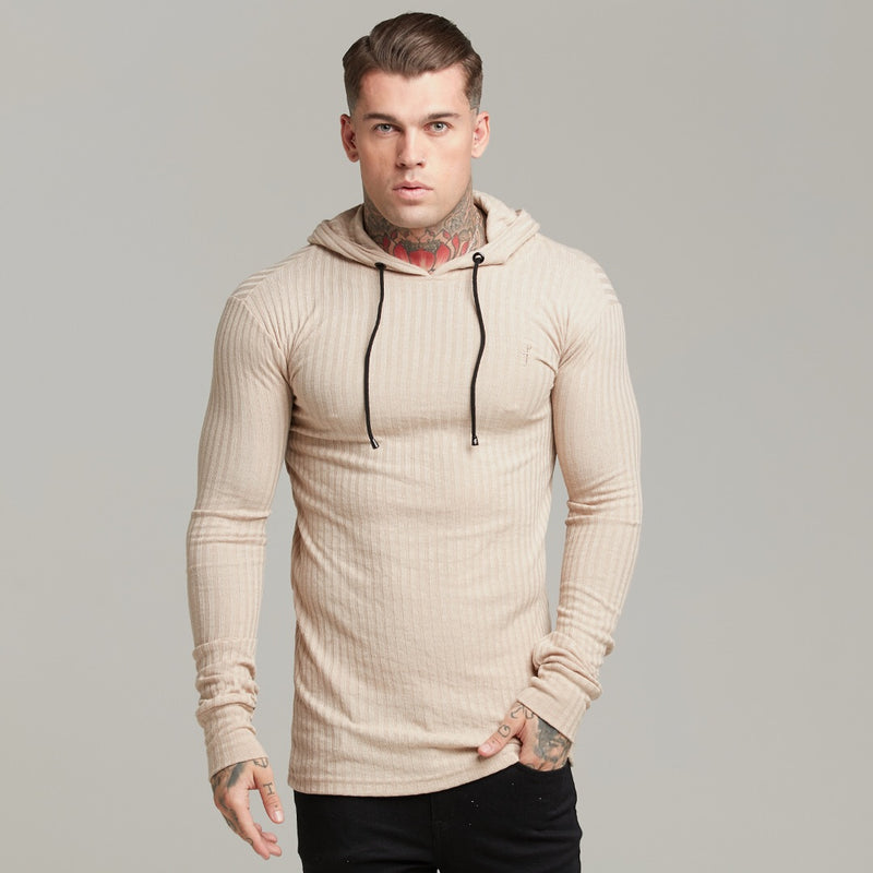 Father Sons klassischer beigefarbener Rippstrick-Kapuzenpullover – FSH412