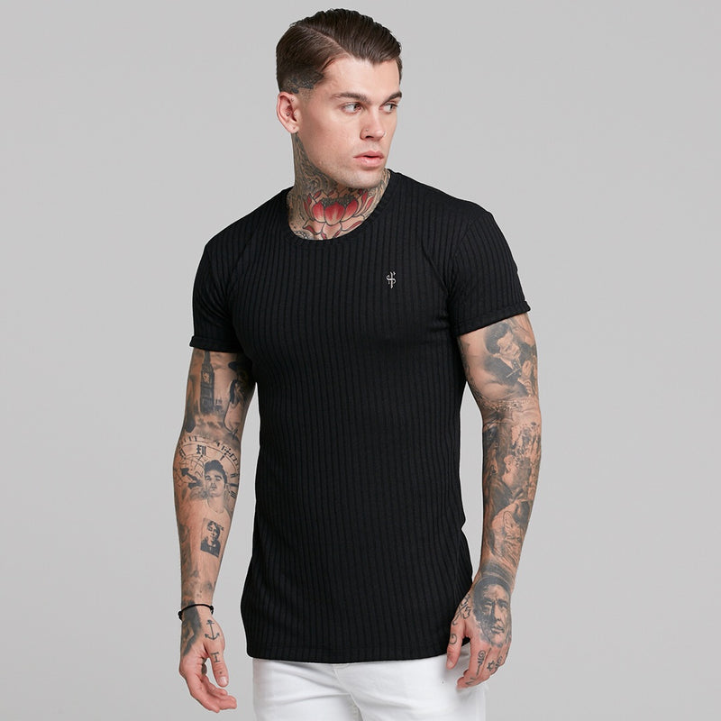 Father Sons Classic Black Ribbed Knit Super Slim Short Sleeve Crew – FSH241