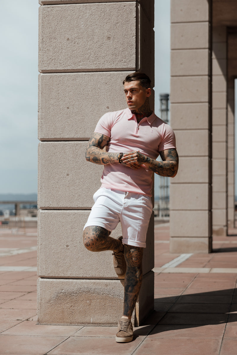 Father Sons Classic Pale Pink Merino Wool Knitted Zip Polo Short Sleeve Jumper With FS Embroidery- FSN029