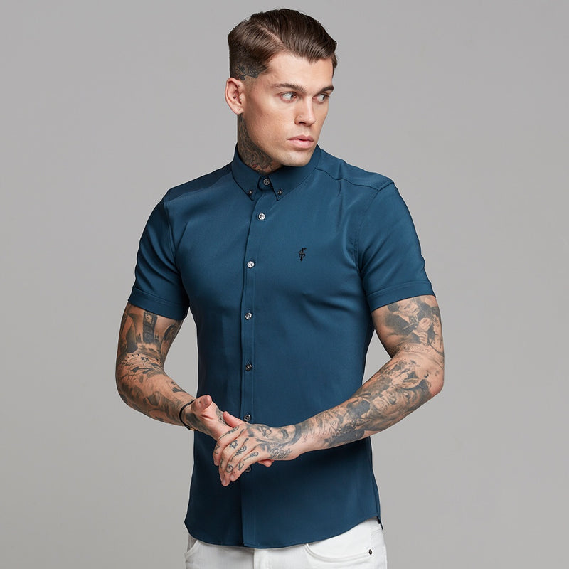 Father Sons Super Slim Ultra Stretch Classic Teal Short Sleeve (Anthrazitfarbene Knöpfe) – FS485