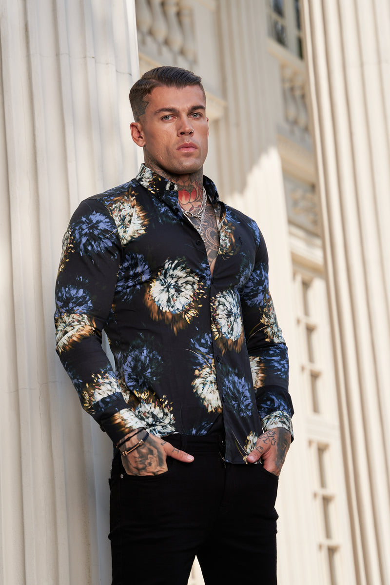 Father Sons Super Slim Stretch Black Base Blurred Flower Print Langarmshirt mit Button-Down-Kragen – FS800