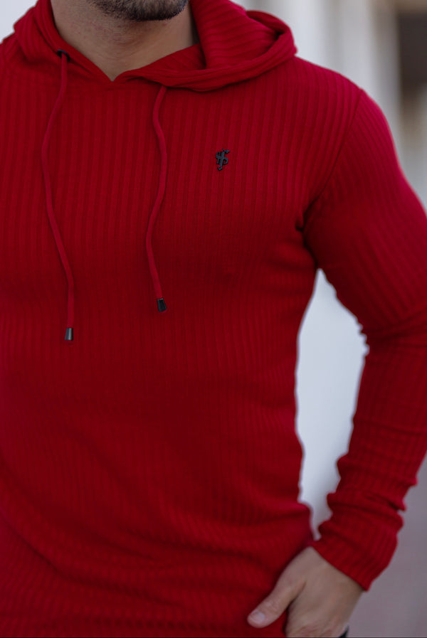 Father Sons klassischer roter Rippstrick-Kapuzenpullover mit schwarzem Emblem – FSH620