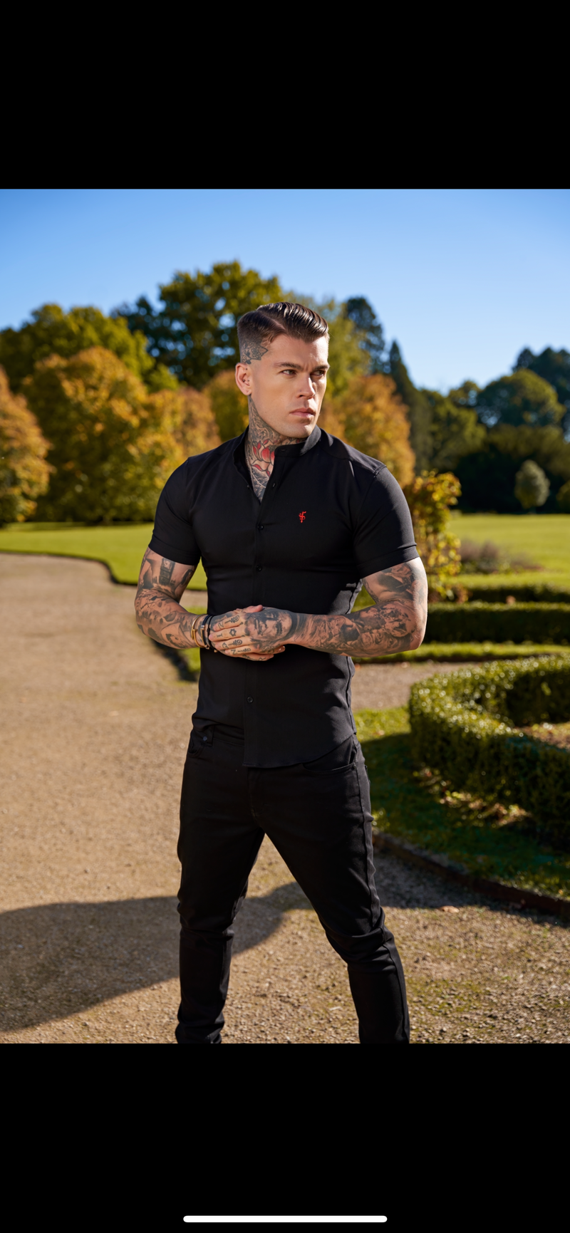 Father Sons Super Slim Scuba Black Short Sleeve Stretch With Grandad Collar - FS930