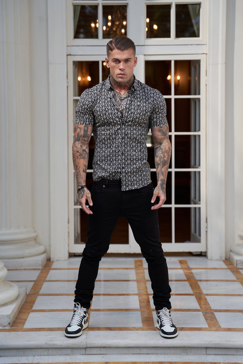 Father Sons Super Slim Stretch Black and Ecru Geo Flower Print Short Sleeve with Button Down Collar - FS787