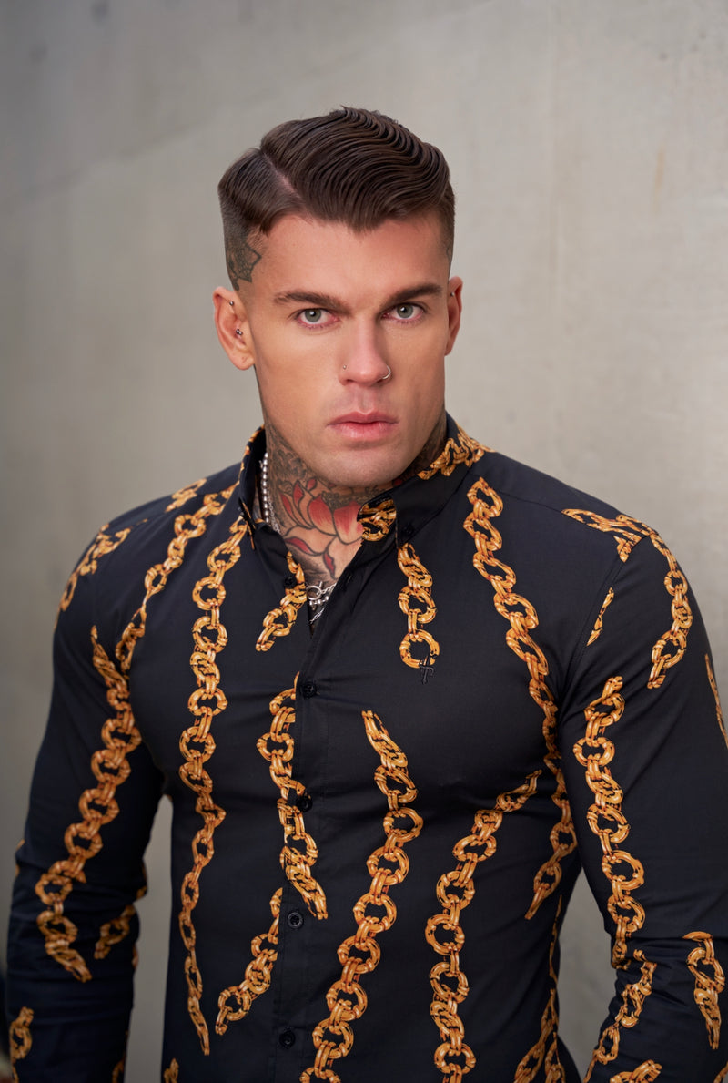 Father Sons Super Slim Stretch Black / Gold Chain Print Long Sleeve with Button Down Collar - FS856