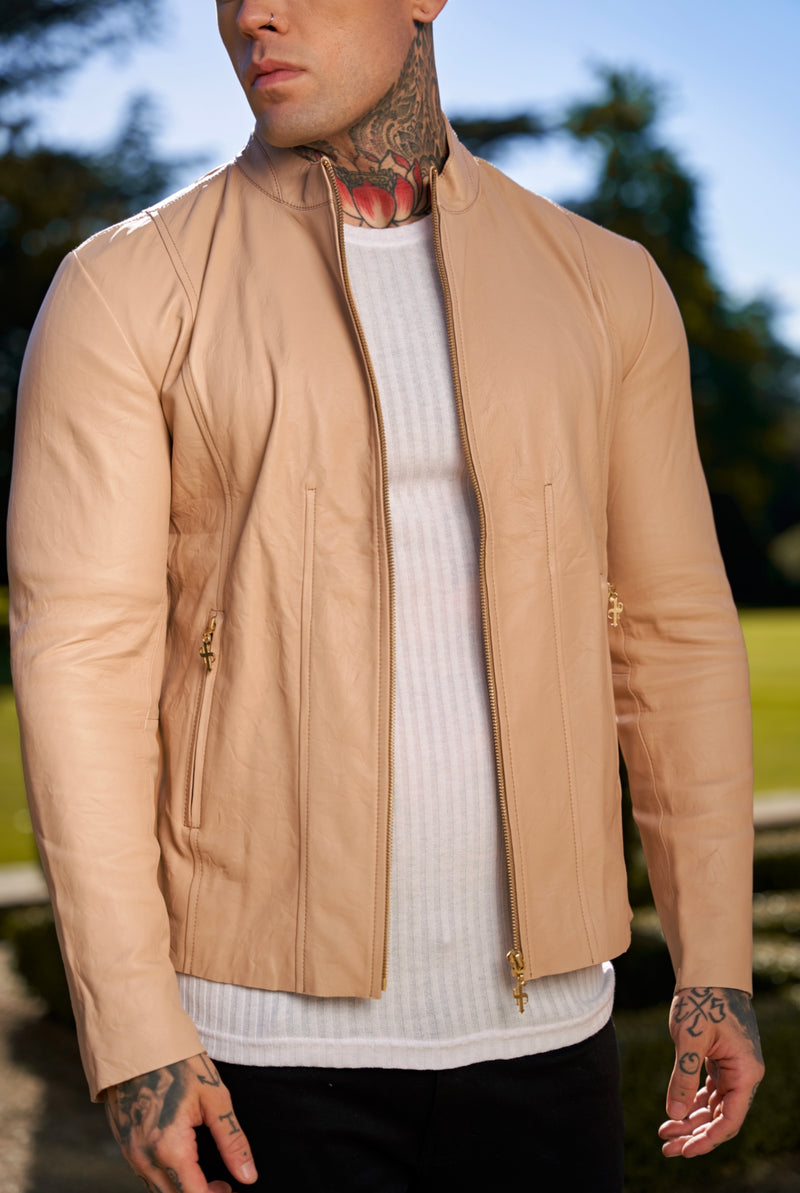 Cremefarbene Lammlederjacke von Father Sons mit goldenen Reißverschlüssen – FSH792