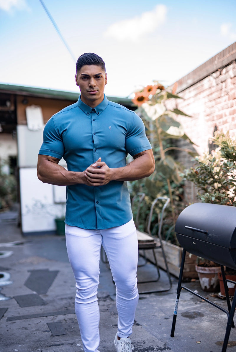 Father Sons Super Slim Stretch Teal Denim Short Sleeve - FS328