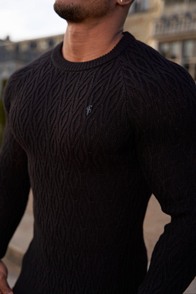 Father Sons Black Knitted Elongated Diamond Crew Super Slim Raglan Jumper With Metal Decal - FSN051