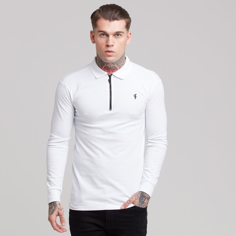 Father Sons Classic White Zipped Long Sleeve Polo Shirt - FSH300