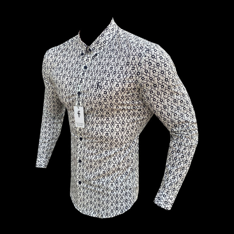 Father Sons Super Slim Stretch Ecru / Black Geo Flower Print Long Sleeve with Button Down Collar - FS794