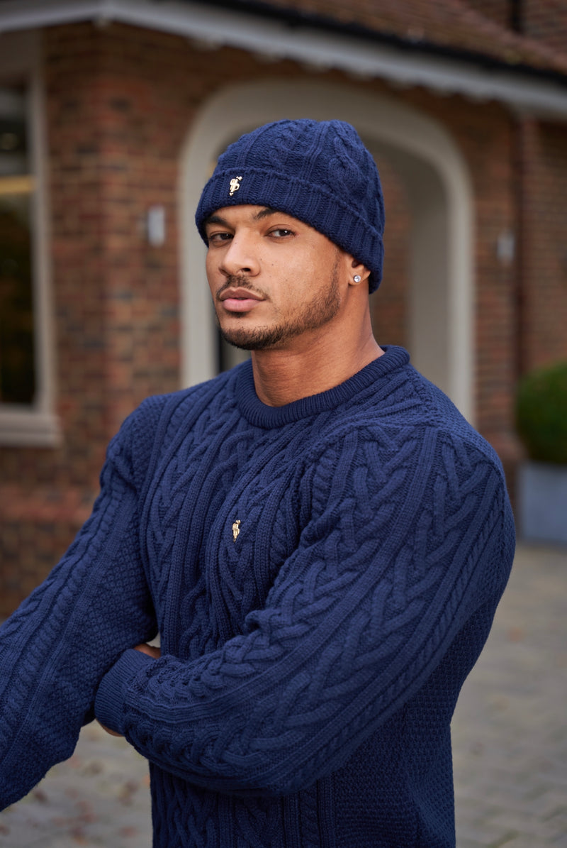 Father Sons Navy Twisted Braid Weave Super Slim Pullover mit goldenem Aufkleber – FSJ036