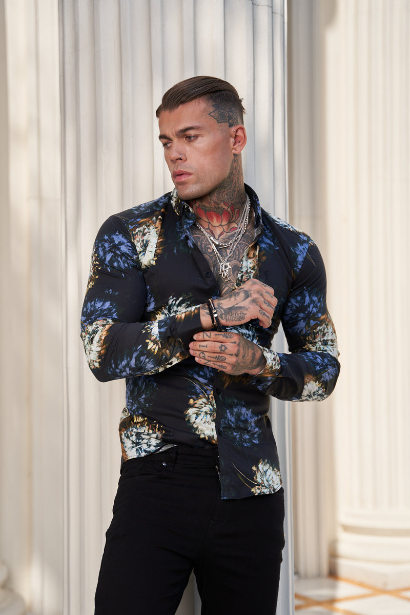 Father Sons Super Slim Stretch Black Base Blurred Flower Print Long Sleeve with Button Down Collar - FS800