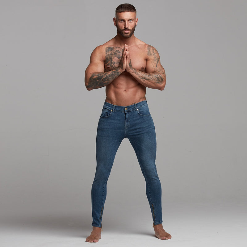 Vater-Söhne-Jeans mit Reißverschluss am Knöchel, schlichte, schmale Stretch-Jeans in Blau – FSH181