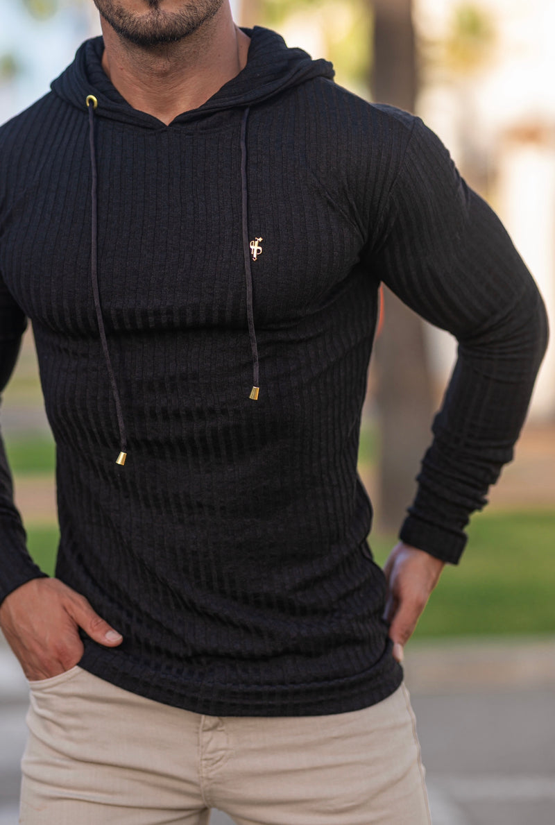 Father Sons Klassischer Kapuzenpullover aus geripptem Strick in Schwarz und Gold – FSH511