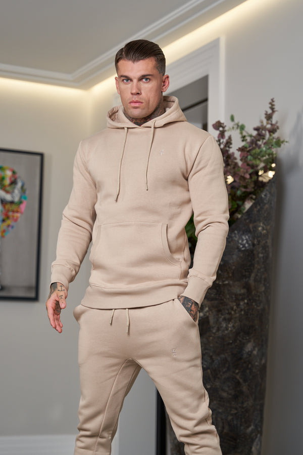 Father Sons Beige Känguru-Hoodie-Oberteil mit FS-Stickerei – FSH695