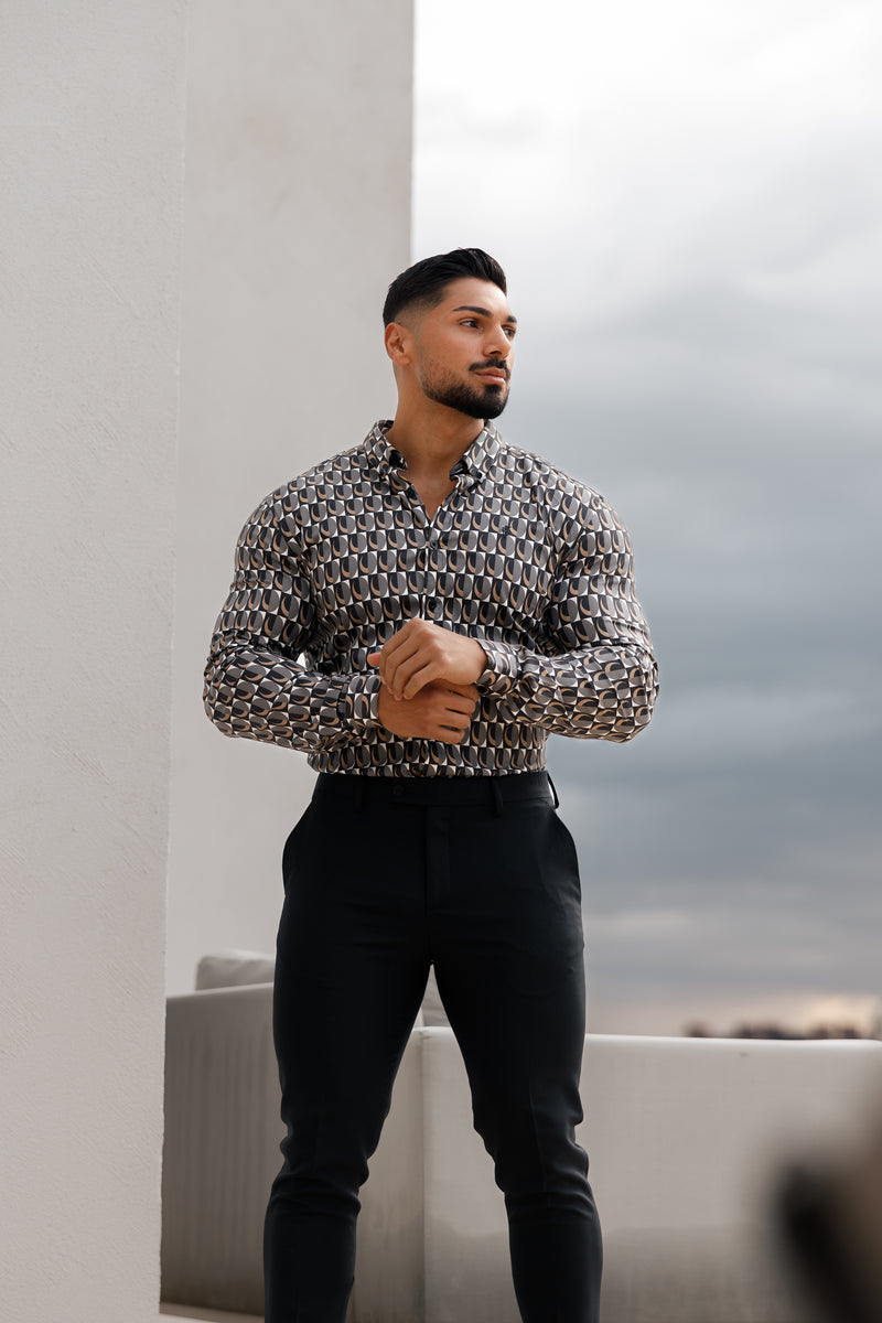 Father Sons Super Slim Stretch Black Multi Retro Print Long Sleeve with Button Down Collar - FS910