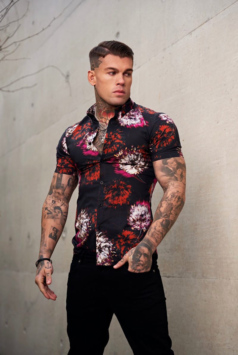 Father Sons Super Slim Stretch Black with Red / Pink Blurred Flower Print Short Sleeve with Button Down Collar - FS845