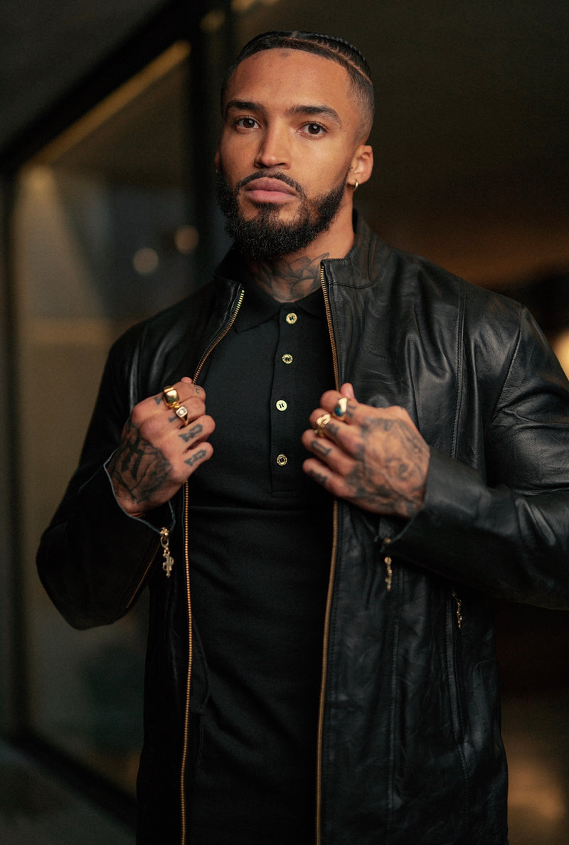 Schwarze Lammlederjacke von Father Sons mit goldenen Reißverschlüssen – FSH610