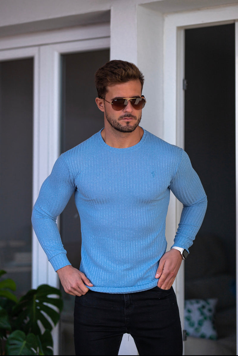 Klassischer gerippter Strickpullover von Father Sons in Babyblau – FSH594