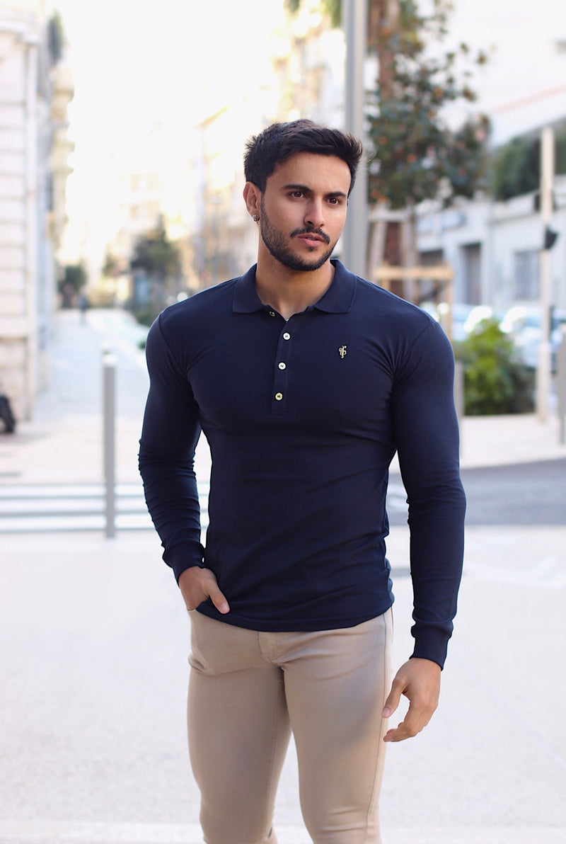 Father Sons klassisches marineblaues Langarm-Poloshirt mit goldenem Metall-Emblem und Knöpfen – FSH516