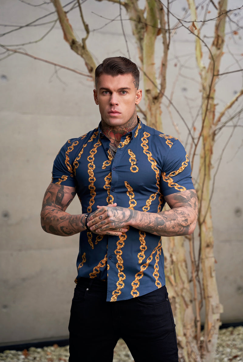 Father Sons Super Slim Stretch Airforce Blue / Gold Chain Print Short Sleeve with Button Down Collar - FS860