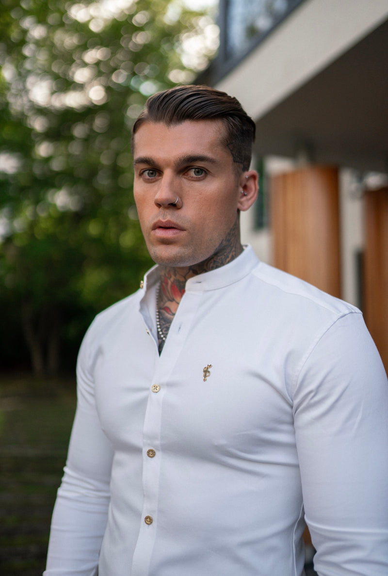 Father Sons Super Slim Stretch White Denim Long Sleeve Grandad collar with Metal Buttons and Decal Emblem - FS719