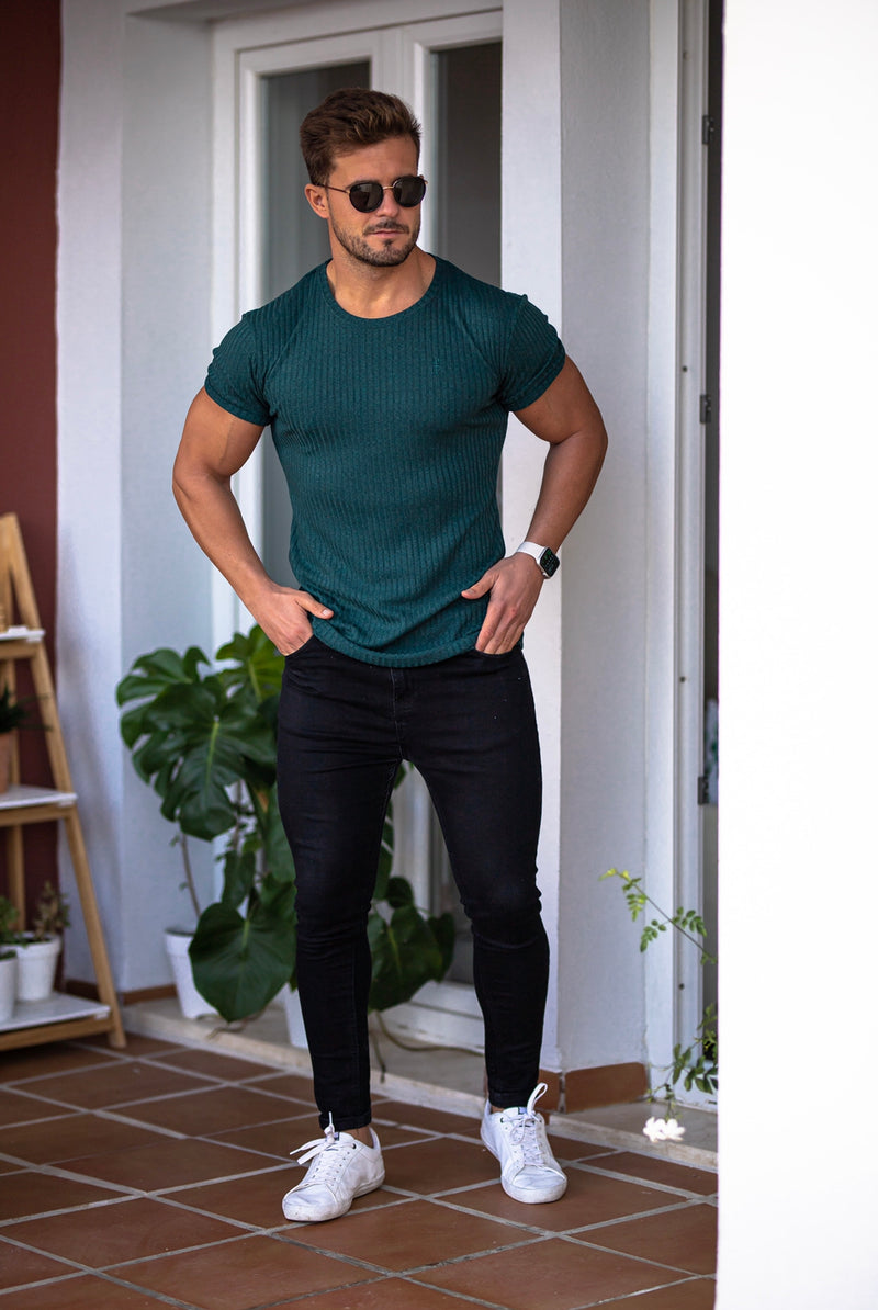 Father Sons Classic Forest Green Ribbed Knit Super Slim Short Sleeve Crew – FSH612