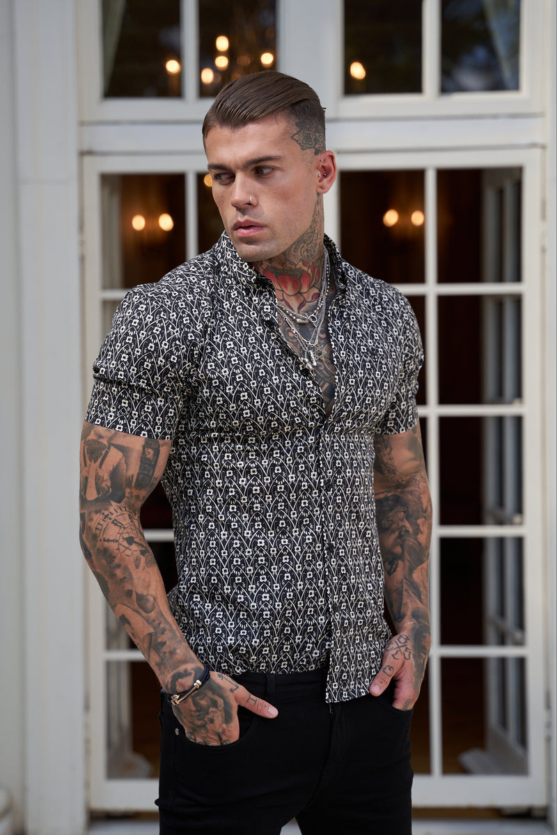 Father Sons Super Slim Stretch Black and Ecru Geo Flower Print Short Sleeve with Button Down Collar - FS787