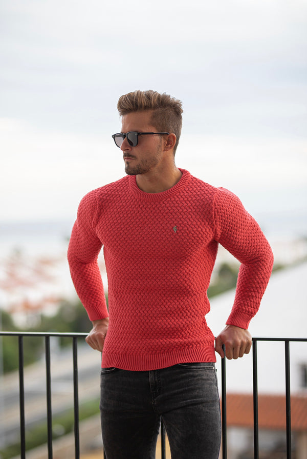 Vater-Söhne-Korallenstrickpullover, superschlank, mit Metallaufkleber – FSJ021