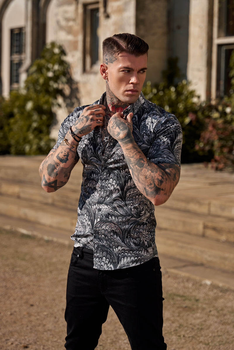 Father Sons Super Slim Stretch Grey / Black Peacock Print Short Sleeve with Button Down Collar - FS913