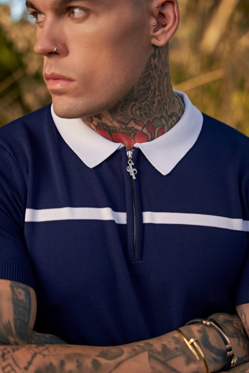 Father Sons Poloshirt mit Reißverschluss, klassisch, Marineblau/Weiß, horizontal gestreift, kurzärmlig – FSN039