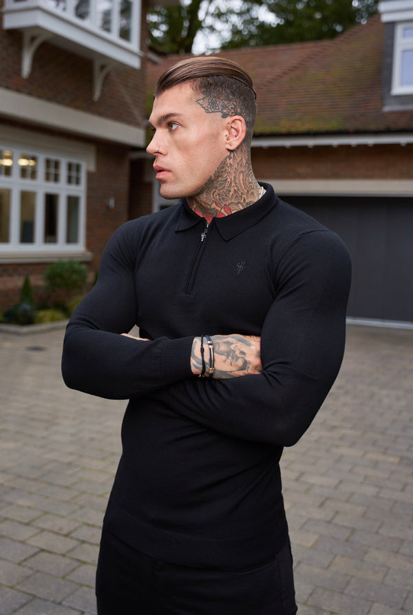 Father Sons Classic Black Merino Wool Knitted Zip Polo Long Sleeve Jumper With FS Embroidery- FSN010