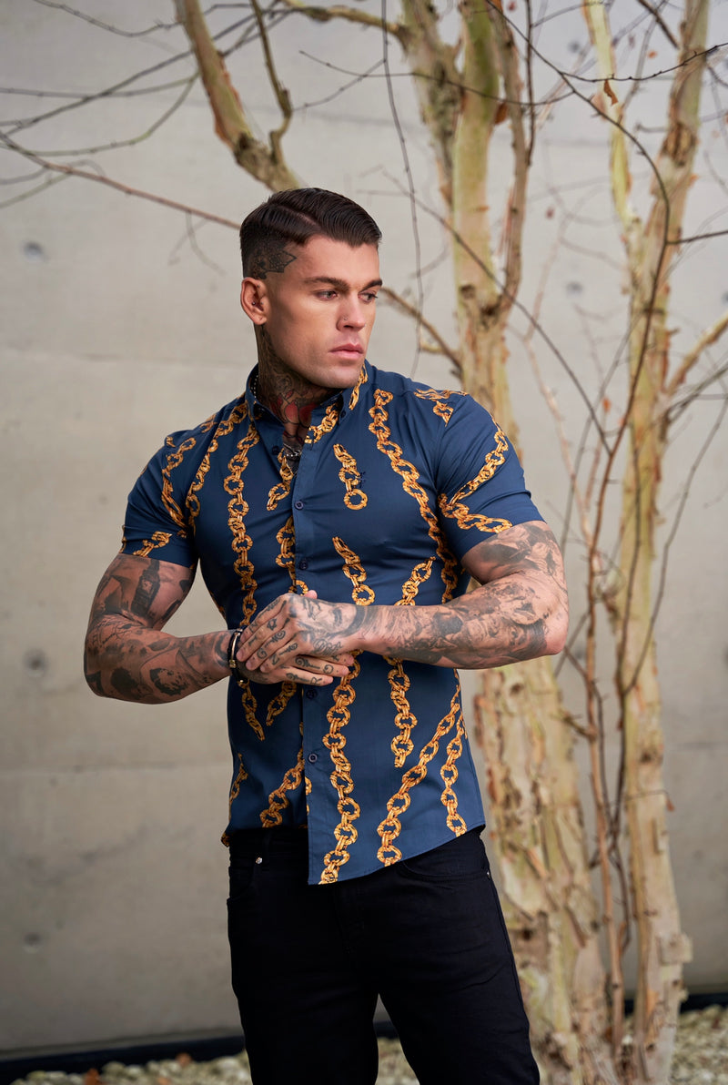 Father Sons Super Slim Stretch Airforce Blue / Gold Chain Print Short Sleeve with Button Down Collar - FS860