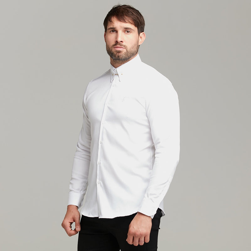 Klassisches, weißes, normales Stretch-Hemd von Father Sons mit goldenem Nadelkragen und weißer Stickerei – FS593