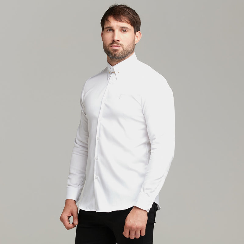 Father Sons Classic White Regular Stretch Shirt with Gold Pin Collar and White Embroidery - FS593