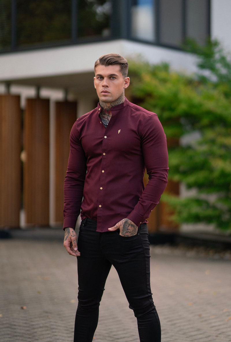 Father Sons Super Slim Stretch Burgundy Denim Long Sleeve Grandad collar with Metal Buttons and Decal Emblem - FS721