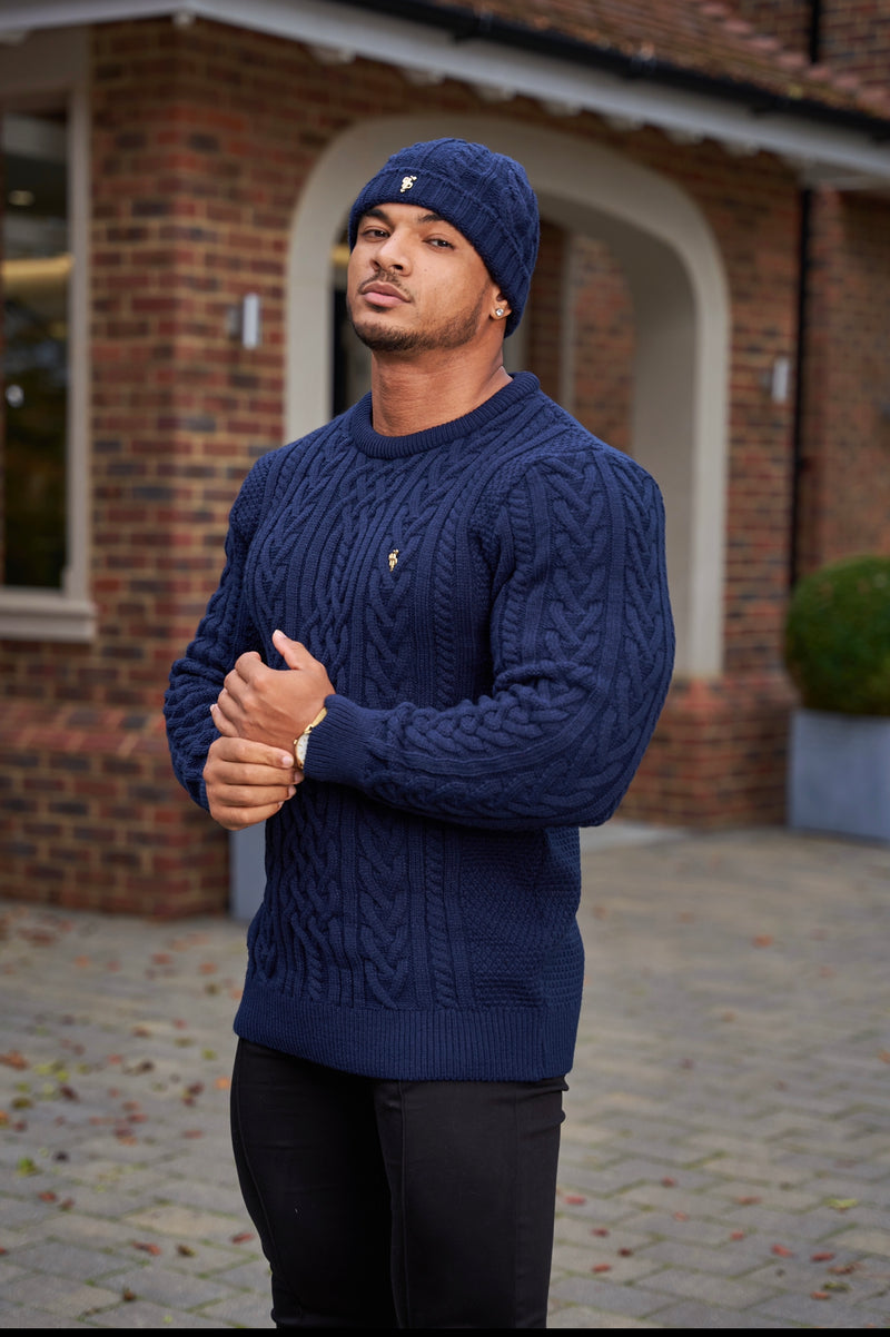 Father Sons Navy Twisted Braid Weave Super Slim Pullover mit goldenem Aufkleber – FSJ036