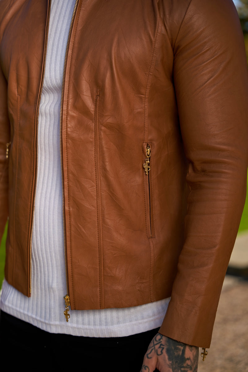 Tan Lammlederjacke von Father Sons mit goldenen Reißverschlüssen – FSH793