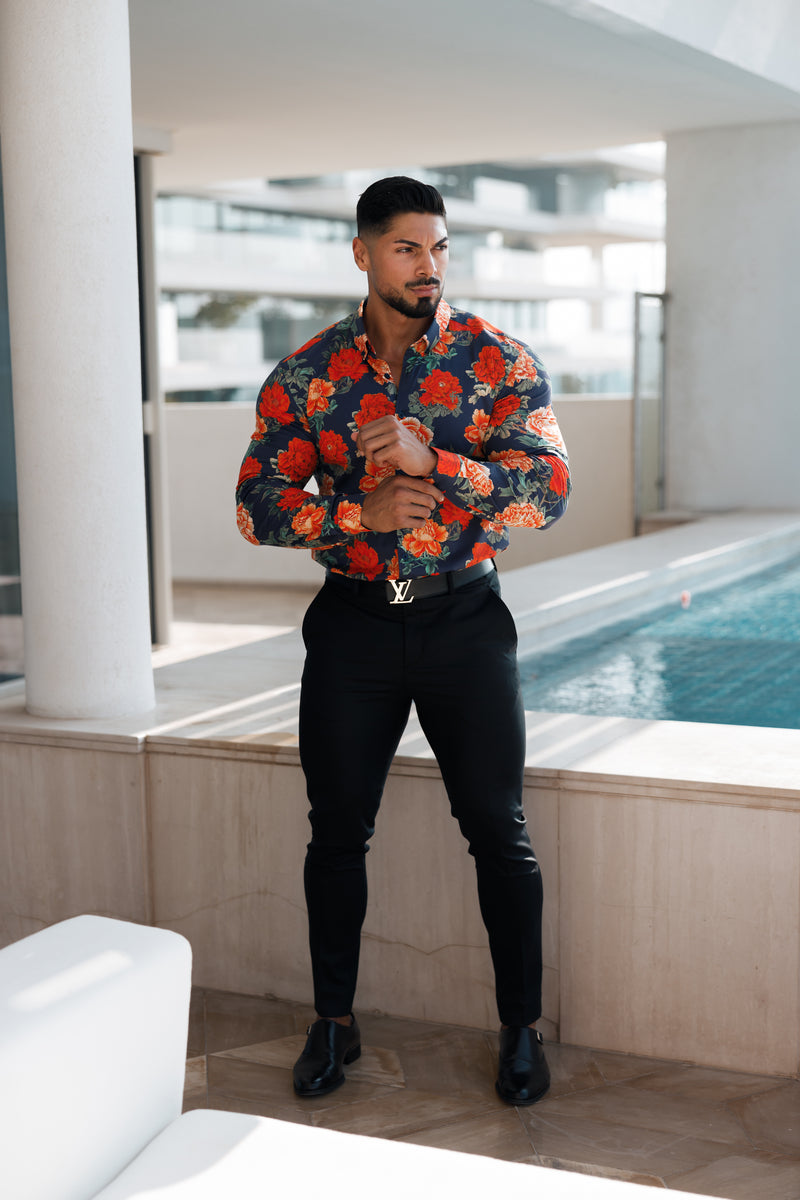 Father Sons Super Slim Stretch Navy and Red Floral Print Long Sleeve with Button Down Collar - FS840