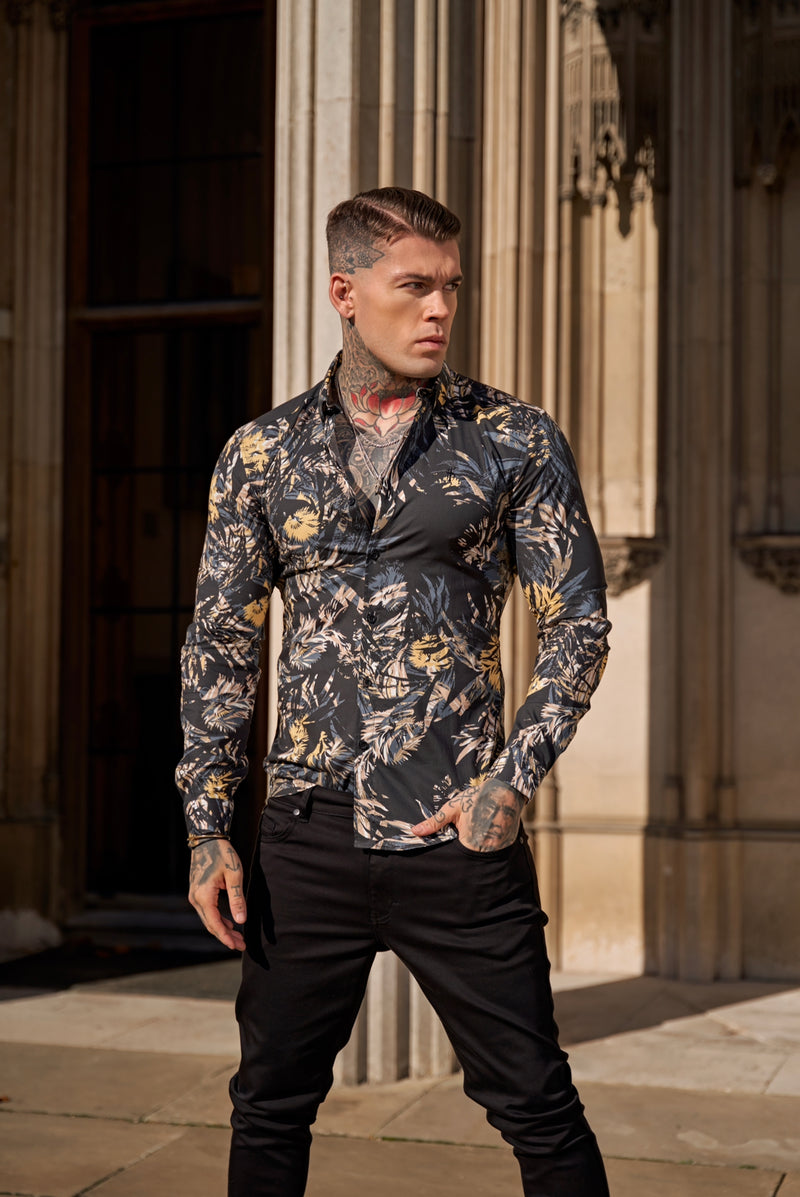 Father Sons Super Slim Stretch Dark Jungle Print Langarmshirt mit Button-Down-Kragen – FS906