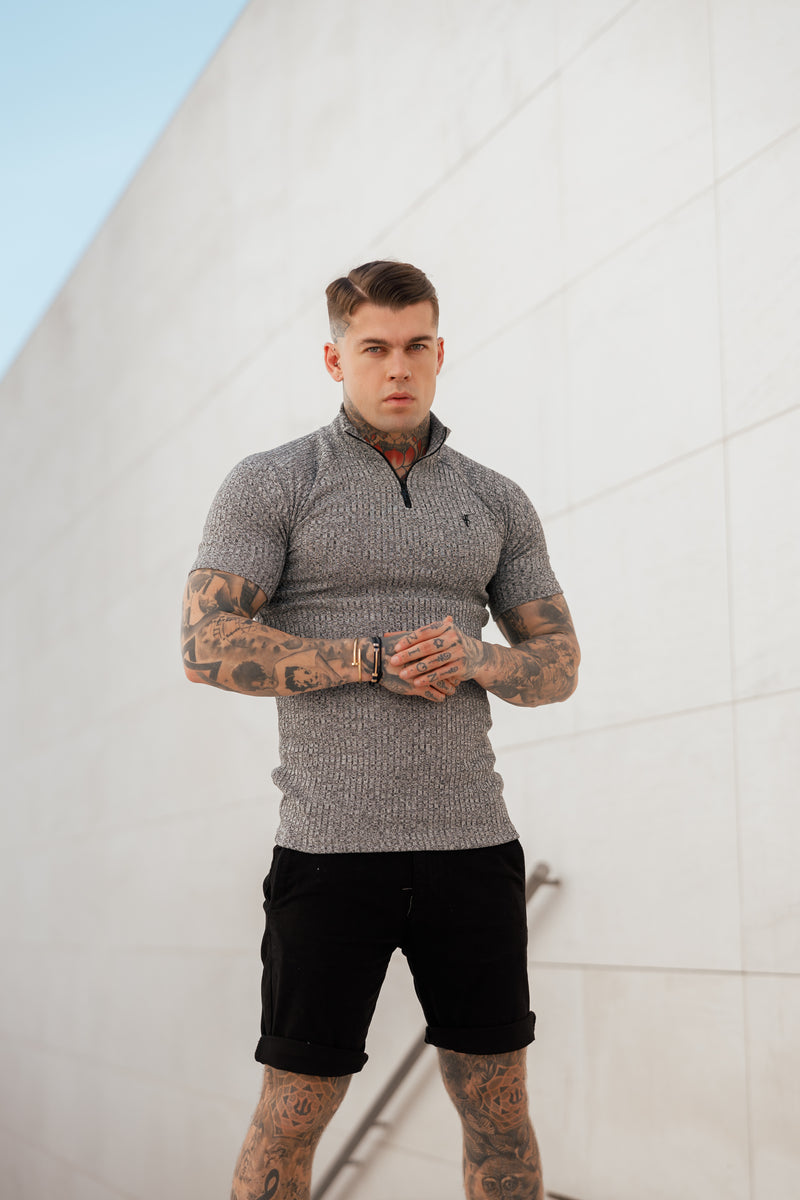 Father Sons Classic Grey Ribbed Zip Funnel Neck Raglan Short Sleeve Crew – FSH730