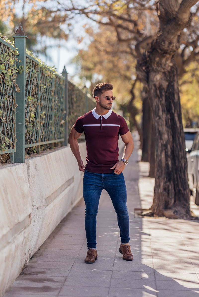 Father Sons klassisches kurzärmliges Poloshirt mit Reißverschluss in Burgunderrot/Weiß mit horizontalen Streifen – FSN045